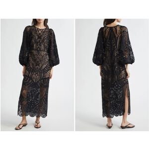 Farm Rio Women's Black Crochet Lace Nature Guipure Midi Dress Size XXS